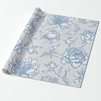 Papier Cadeau Illustré de fleurs vintage blanc et bleu