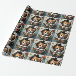 Papier Cadeau Image 3D d'un petit chaton mignon regardant dehors