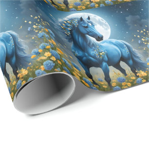 Papier Cadeau Imaginaire Bleu Magique Cheval Lune Fleurs,