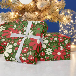 Papier Cadeau Imaginaire Floral de Noël rétro Motif Rouge Vert