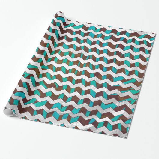 Papier Cadeau Impression Chevron Zèbre Marron et Turquoise (Déroulé)