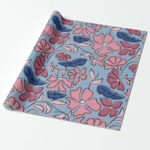 Papier Cadeau Impression de bloc floral dessinée à la main rose