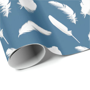 Papier Cadeau Impression en plumes blanches sur bleu denim