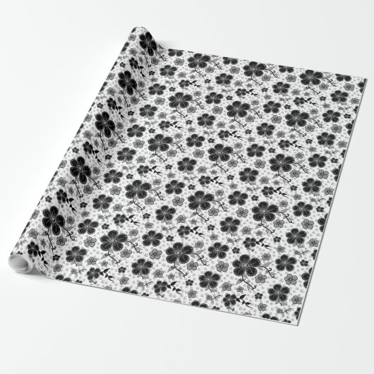 Papier Cadeau Impression florale noir et blanc (Déroulé)