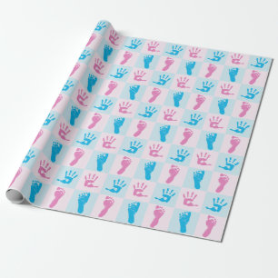 Papier Cadeau Imprimantes mains et pieds pour bébé bleu et rose