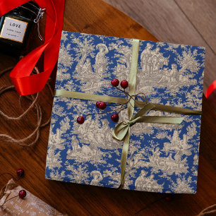Papier Cadeau Imprimé chic vintage bleu foncé toile de jouy