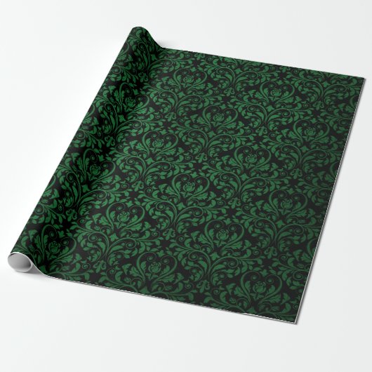 Papier Cadeau Imprimé damassé rustique noir et vert (Déroulé)