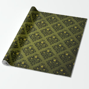 Papier Cadeau Imprimé damassé vert olive Halloween rustique