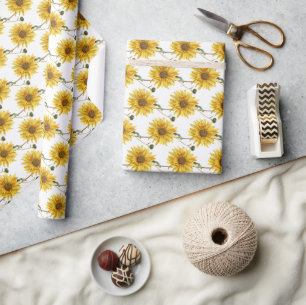 Papier Cadeau Imprimé de fleurs jaunes et blanches joyeuses pour
