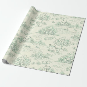 Papier Cadeau Imprimé de toile de ferme animale pastoral vert at