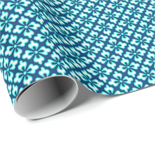 Papier Cadeau imprimé kimono floral, turquoise et indigo