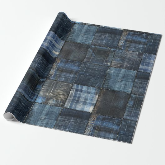 Papier Cadeau Indigo Denim Patchwork Motif sans couture (Déroulé)