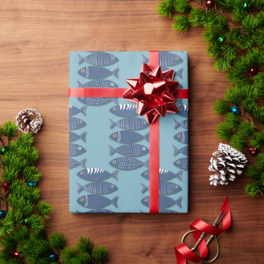 Papier Cadeau Indigo Shoal  Modern Blue Fish Pattern (Cadeau de vacances)