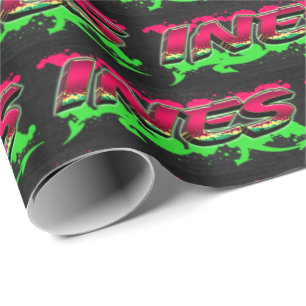 Papier Cadeau Ines prénom nom graffiti rouge vert