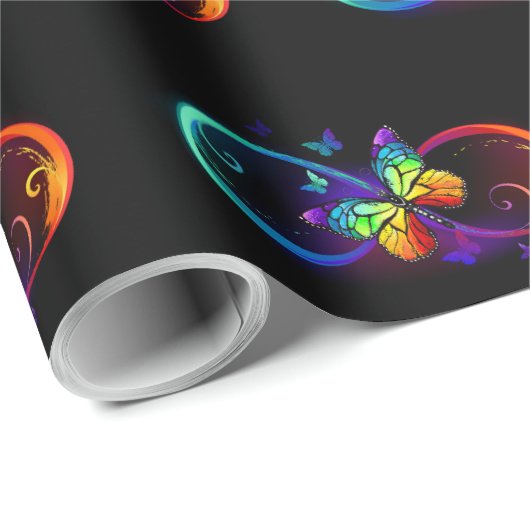 Papier Cadeau Infini vibrant avec papillon arc-en-ciel sur noir (Coin rond)