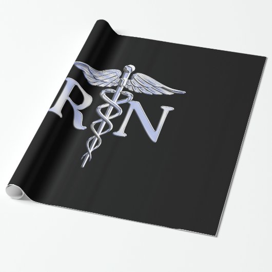 Papier Cadeau Infirmière inscrite RN Silver Caduceus Snakes Blac (Déroulé)
