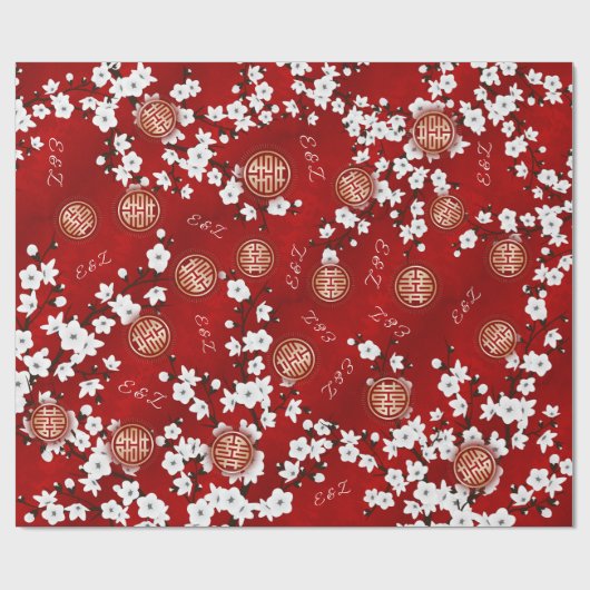 Papier Cadeau Initiales du Mariage chinois Cherry Blossom (Plat)
