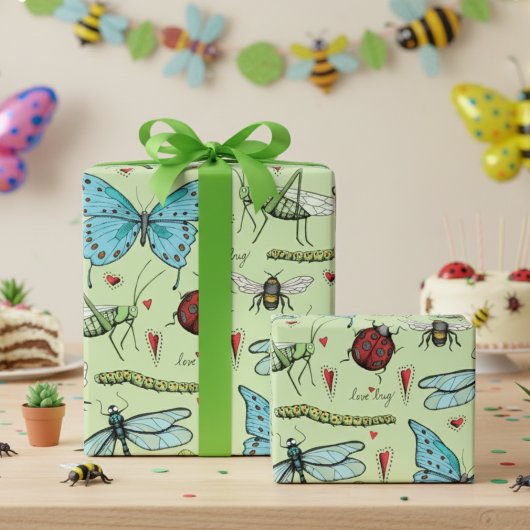 Papier Cadeau Insectes de bug d'amour vert mignon pour les amate
