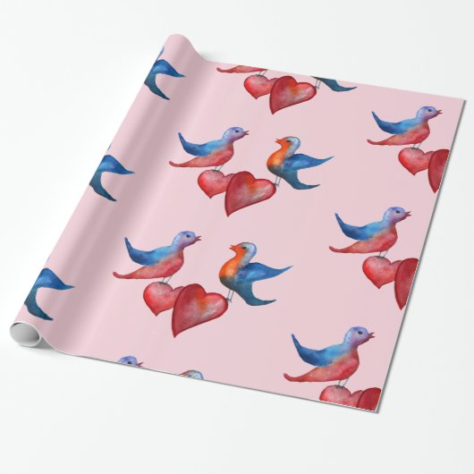 Papier Cadeau Inséparables, Aquarelle Oiseaux Enveloppement Papi (Déroulé)