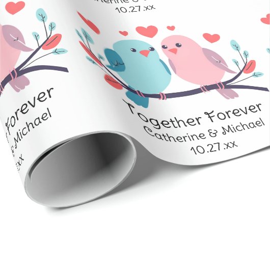 Papier Cadeau Inséparables ensemble pour toujours Valentines Jou (Coin rond)