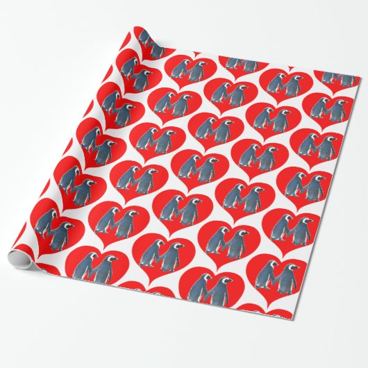 Papier Cadeau Inséparables Penguin Couple Red Hearts Thunder_Cov (Déroulé)