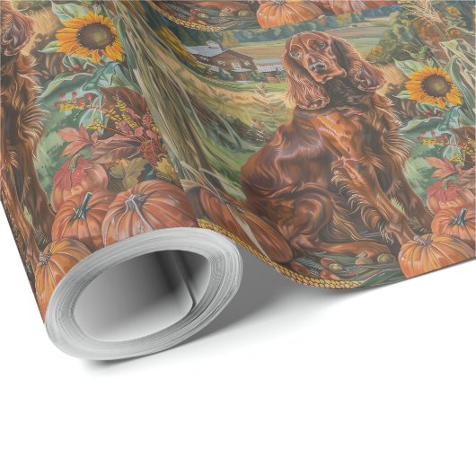 Papier Cadeau Irlandais Red Setter Chien Automne Moisson Thanksg (Coin rond)
