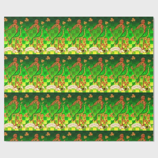 Papier Cadeau IRLANDE HARP, OR VERT SHAMROCK St Patrick's Day (Plat)