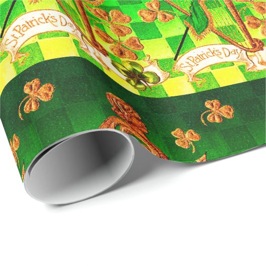 Papier Cadeau IRLANDE HARP, OR VERT SHAMROCK St Patrick's Day (Coin rond)
