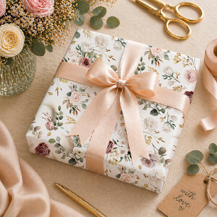 Papier Cadeau Ivory & Burgundy Floral Automne Enterrement de Vie