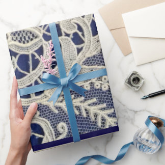 Papier Cadeau Ivory Lace Marine Bleu Élégant Mariage à deux tons