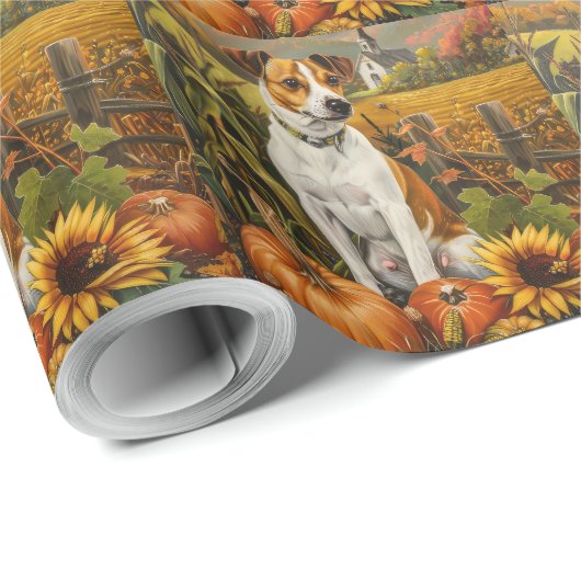 Papier Cadeau Jack Russell Chien Moisson d'automne Thanksgiving (Coin rond)