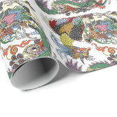 Papier Cadeau Jade Dragon et Gold Phoenix jouant avec une perle  (Coin rond)