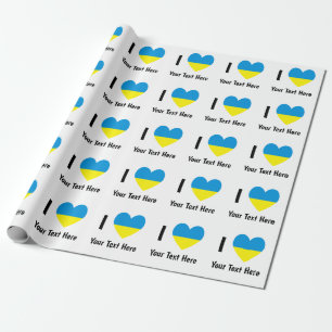 Papier Cadeau J'aime (Cœur Drapeau Ukrainien) Texte Personnalisé