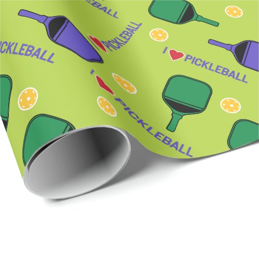 Papier Cadeau J'aime le vert de pickleball (Coin rond)