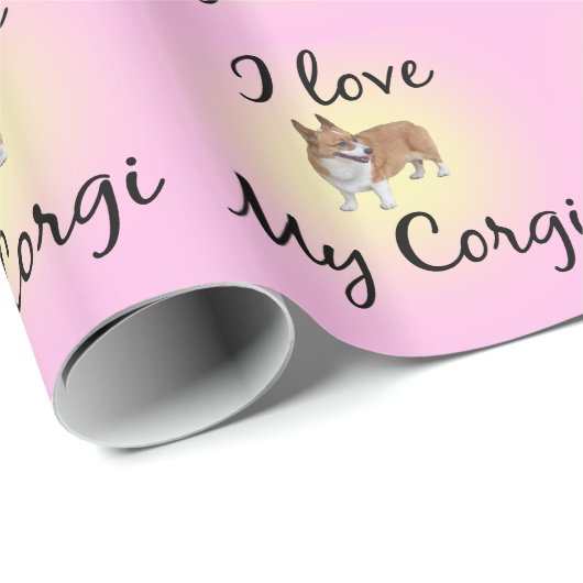 Papier Cadeau J'Aime Mon Corgi Rose (Coin rond)