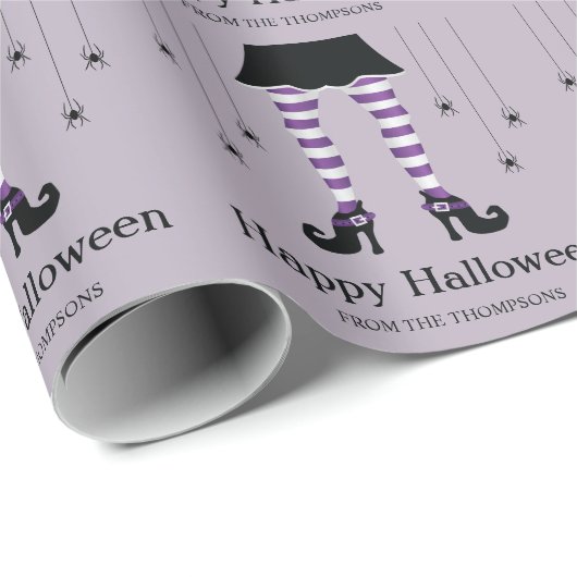 Papier Cadeau Jambes de sorcière violette et araignées Halloween (Coin rond)