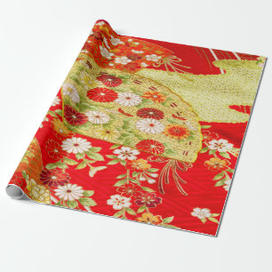 Papier Cadeau Japonais Floral Cerisier Fleur Rouge Or Découpage