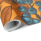 Papier Cadeau Jardin aux bleuets, bleu et orange (Coin rond)