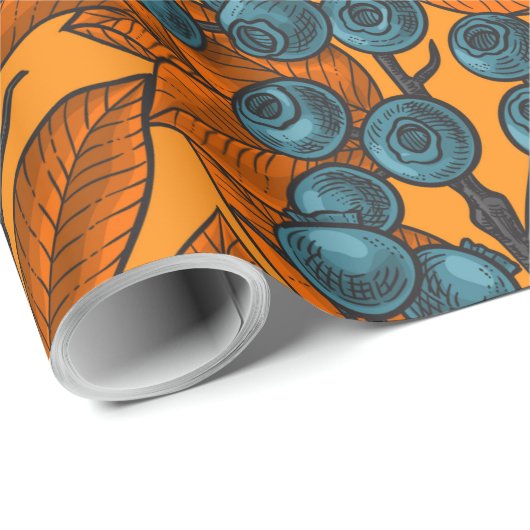 Papier Cadeau Jardin aux bleuets, bleu et orange (Coin rond)