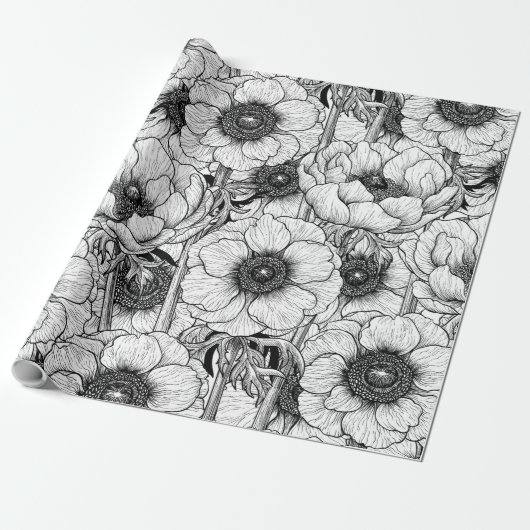 Papier Cadeau Jardin d'anémones en noir et blanc (Déroulé)