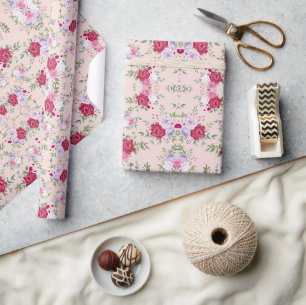 Papier Cadeau Jardin de fleurs rose rouge motif vintage unique