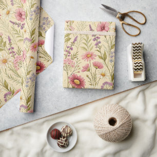 Papier Cadeau Jardin de fleurs sauvages roses Impression florale