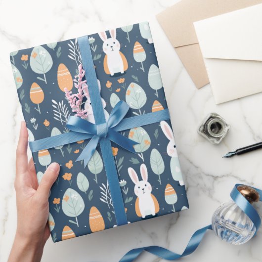Papier Cadeau Jardin de lapins bleu et orange (Cadeaux)