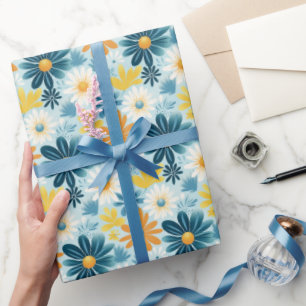 Papier Cadeau Jardin de marguerite bleu Jaune motif floral
