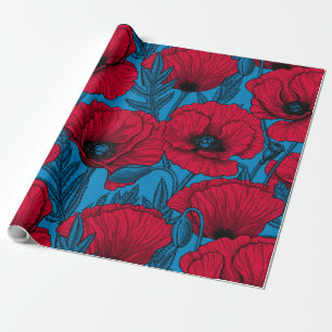 Papier Cadeau Jardin de pavot rouge sur bleu