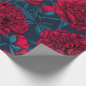 Papier Cadeau Jardin de pivoine rouge sur bleu foncé (Coin)