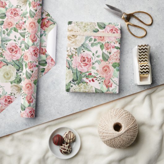 Papier Cadeau Jardin des Roses peints rose clair (Artisanat)