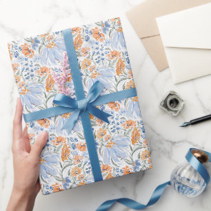 Papier Cadeau Jardin floral aquarelle bleu et corail