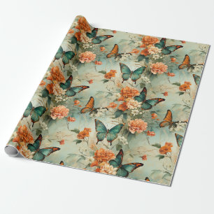 Papier Cadeau Jardin floral papillon sarcelle vintage orange