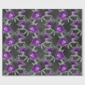 Papier Cadeau Jardin noir des Feuilles d'argent des Roses violet (Plat)